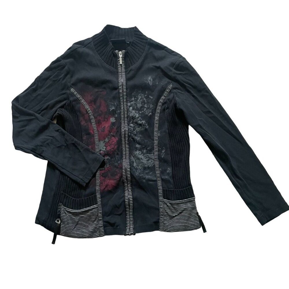 Orly Mock Neck Zipper Sweater Jacket Women Large Black Printed Boho